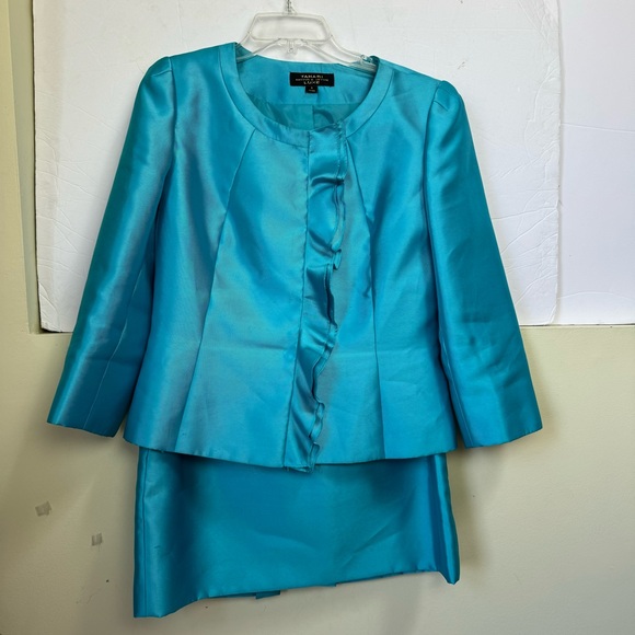 Tahari ASL LUXE Tiffany Blue Ruffle Jacket Skirt Evening Formal Suit Two Piece 6 - Picture 5 of 16